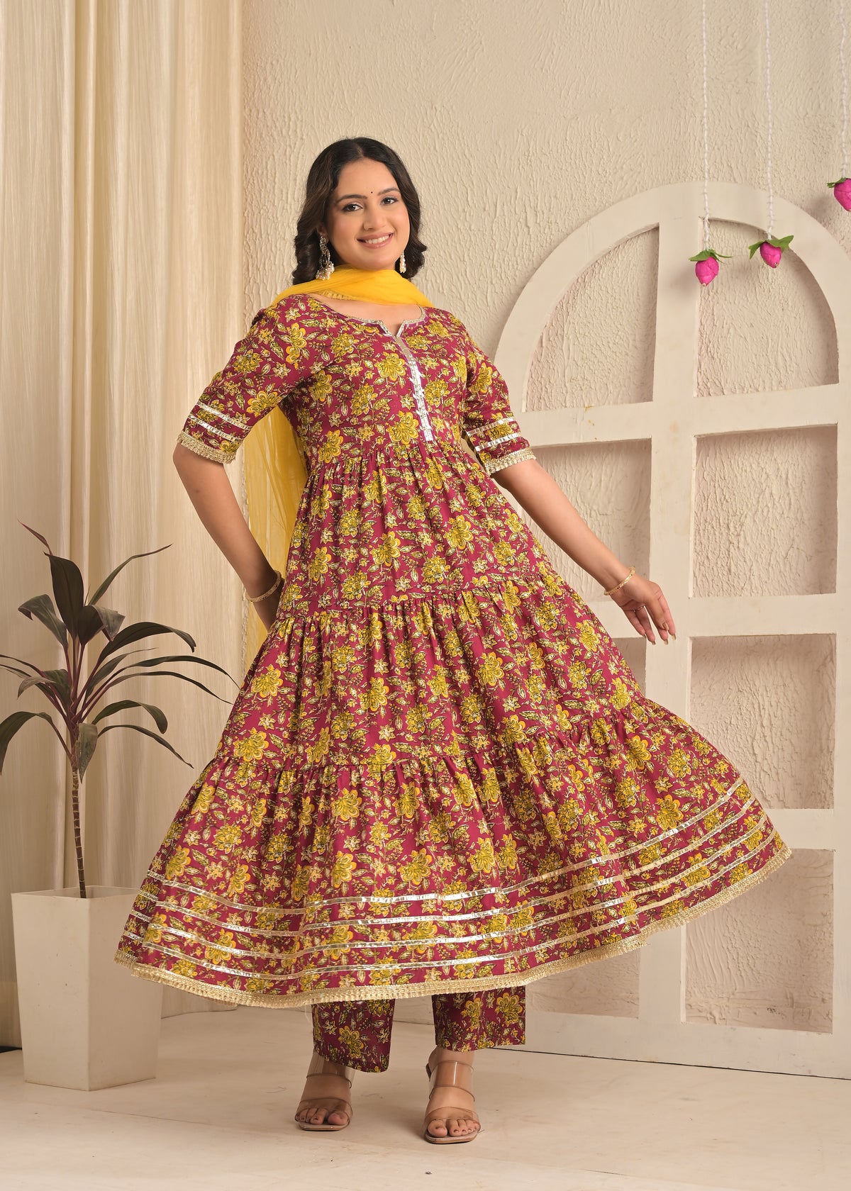 Wine Floral Printed Cotton Anarkali Kurta Set with Pant & Yellow Dupatta