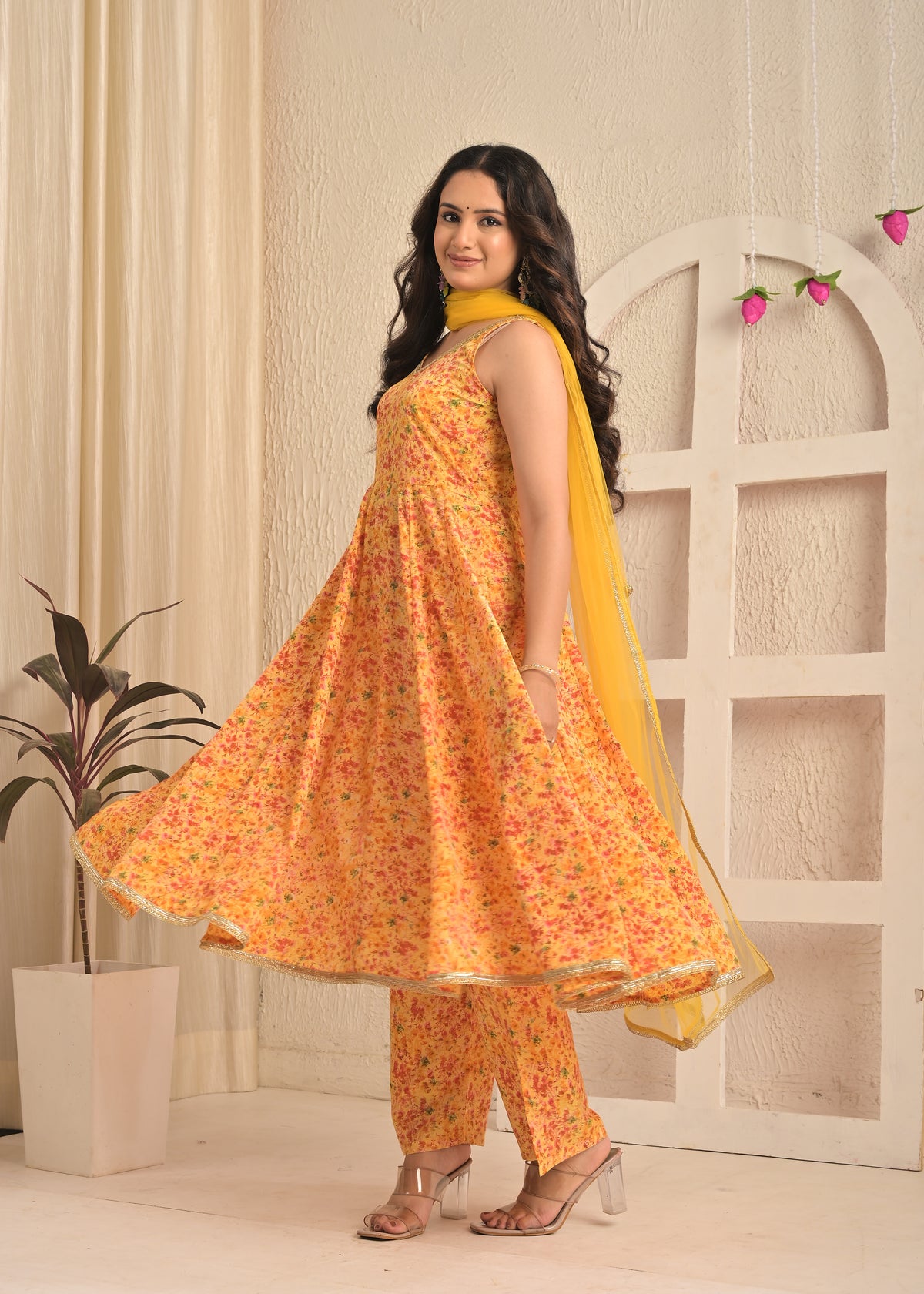 Sunshine Yellow Sleeveless Floral Printed Anarkali Set with Dupatta
