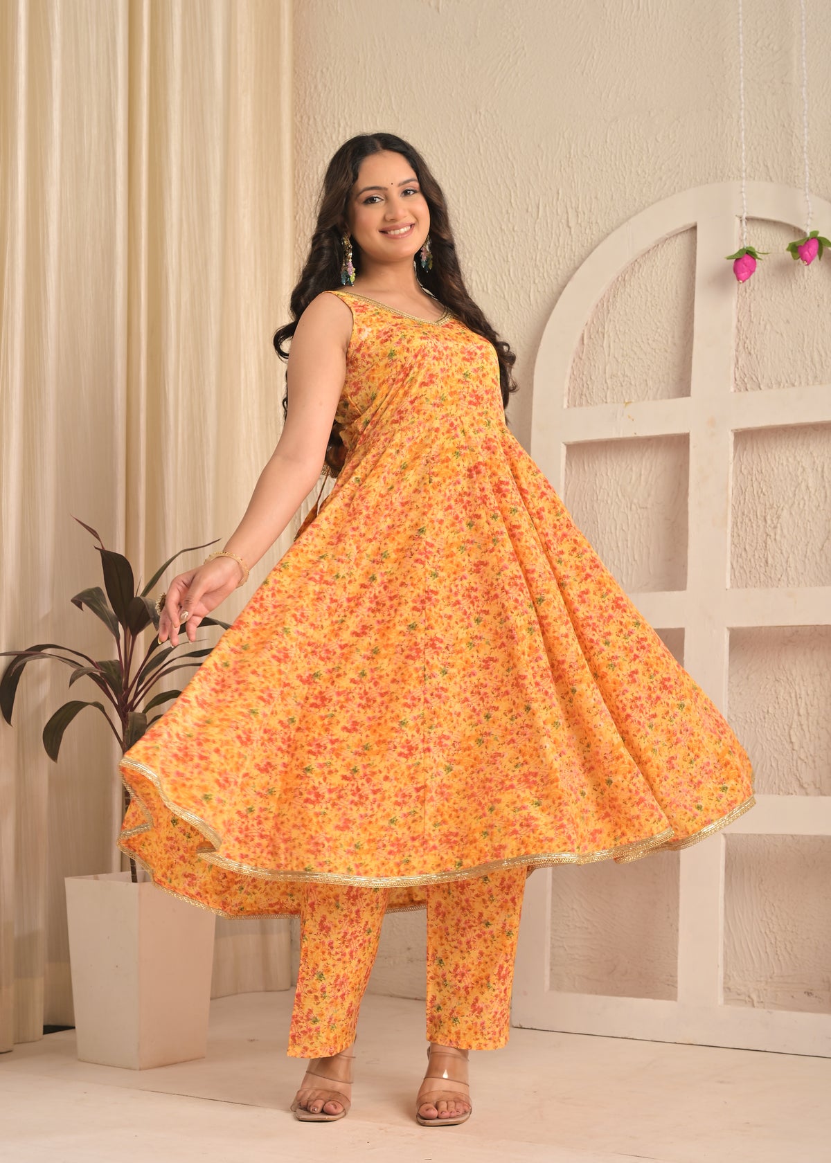 Sunshine Yellow Sleeveless Floral Printed Anarkali Set with Dupatta