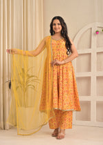 Sunshine Yellow Sleeveless Floral Printed Anarkali Set with Dupatta