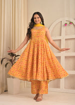 Sunshine Yellow Sleeveless Floral Printed Anarkali Set with Dupatta