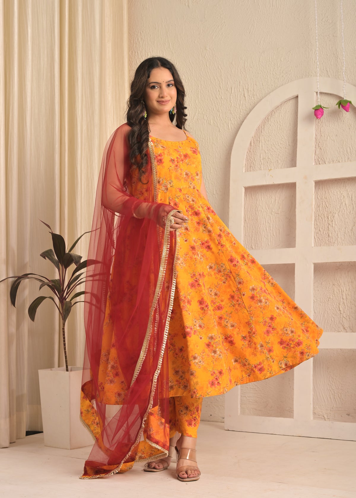 Marigold Yellow Sleeveless Floral Anarkali Set with Contrasting Red Dupatta