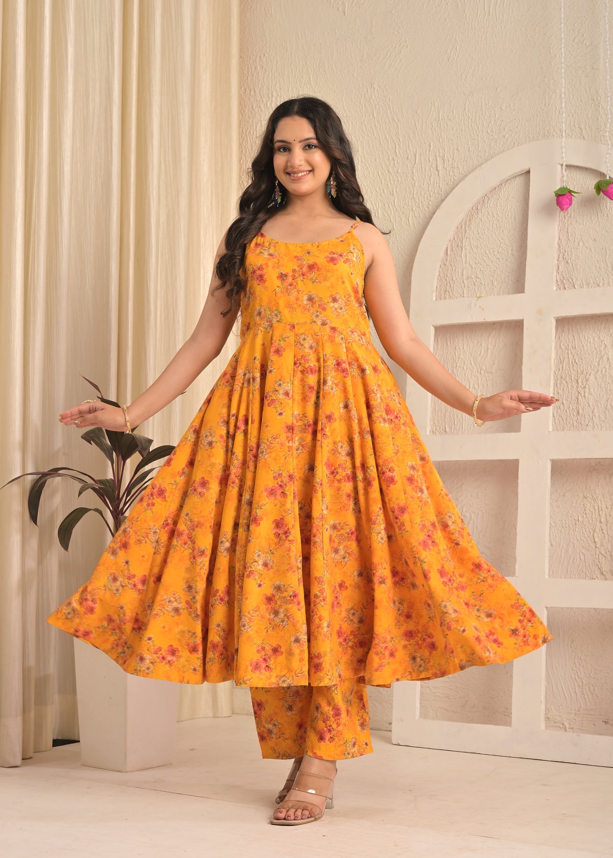 Marigold Yellow Sleeveless Floral Anarkali Set with Contrasting Red Dupatta