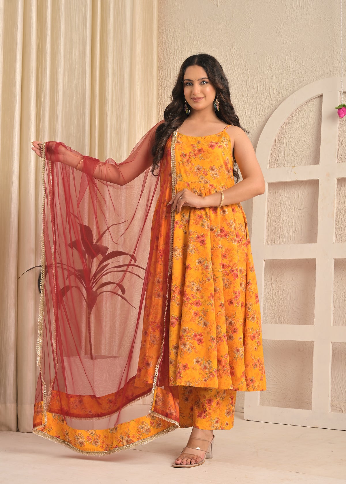 Marigold Yellow Sleeveless Floral Anarkali Set with Contrasting Red Dupatta