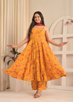 Marigold Yellow Sleeveless Floral Anarkali Set with Contrasting Red Dupatta