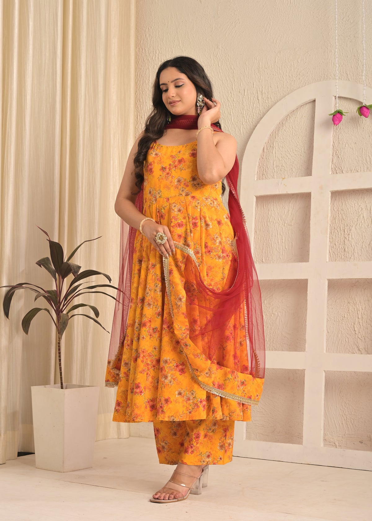 Marigold Yellow Sleeveless Floral Anarkali Set with Contrasting Red Dupatta