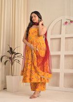 Marigold Yellow Sleeveless Floral Anarkali Set with Contrasting Red Dupatta