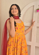 Marigold Yellow Sleeveless Floral Anarkali Set with Contrasting Red Dupatta