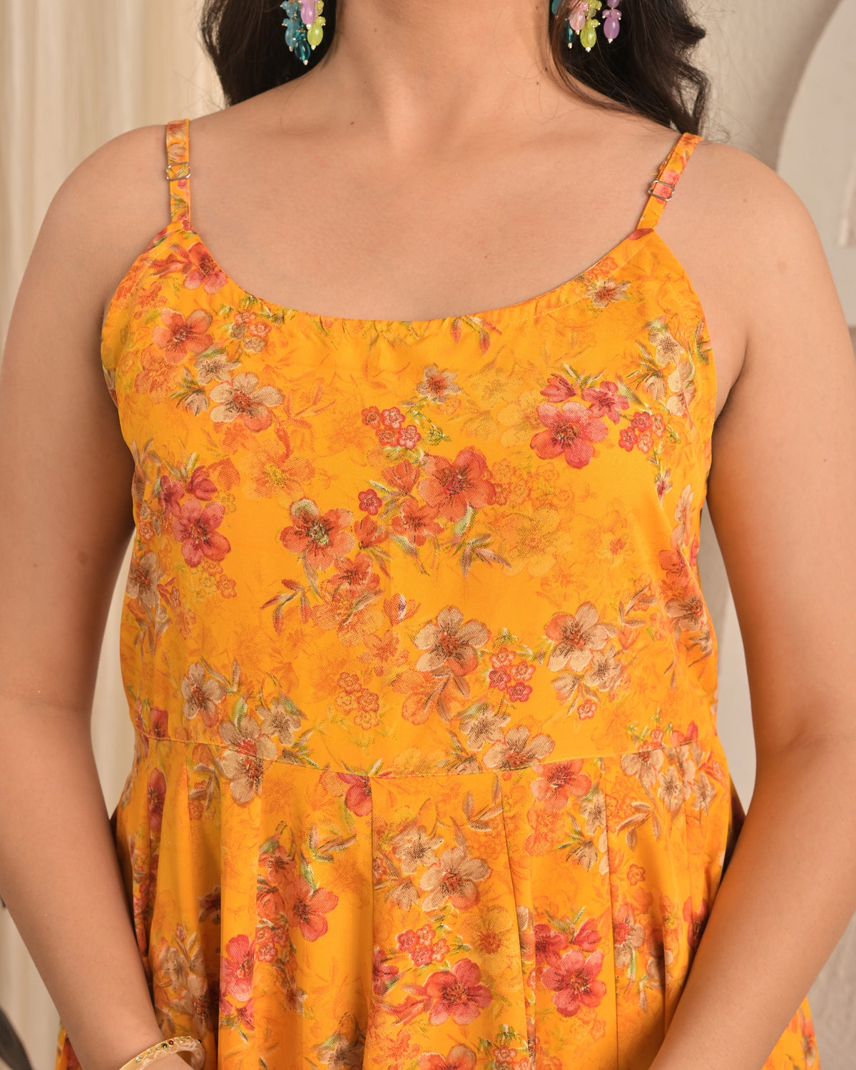 Marigold Yellow Sleeveless Floral Anarkali Set with Contrasting Red Dupatta