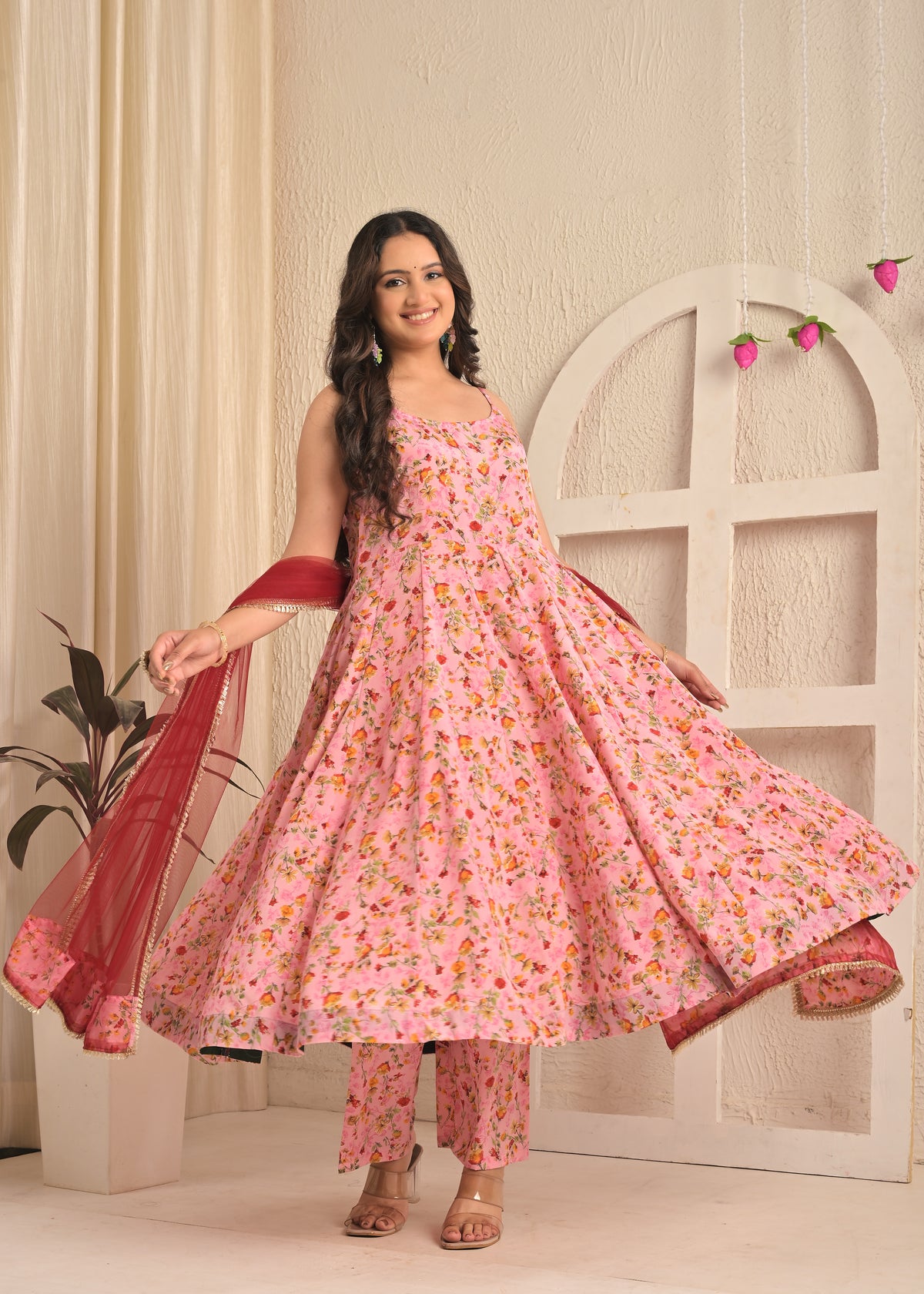 Blush Pink Floral Sleeveless Anarkali Set with Contrasting Red Dupatta