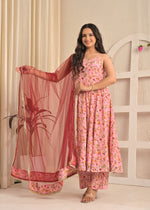 Blush Pink Floral Sleeveless Anarkali Set with Contrasting Red Dupatta