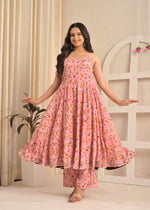 Blush Pink Floral Sleeveless Anarkali Set with Contrasting Red Dupatta