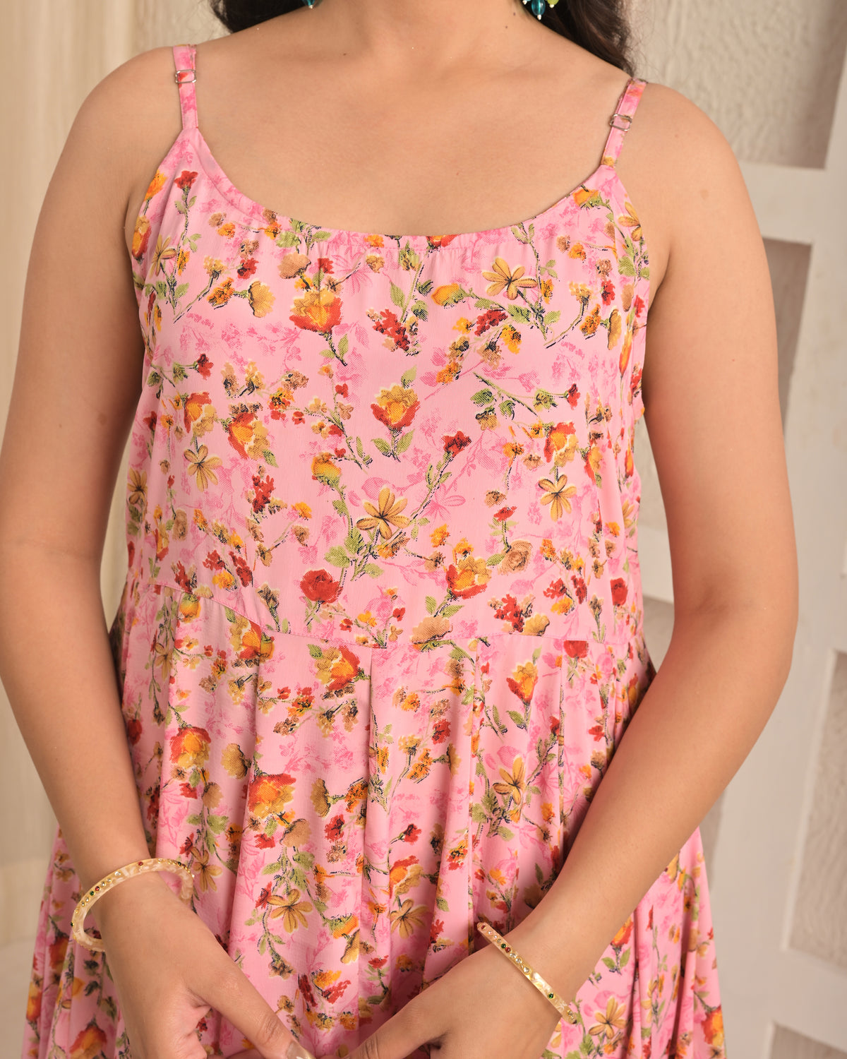 Blush Pink Floral Sleeveless Anarkali Set with Contrasting Red Dupatta