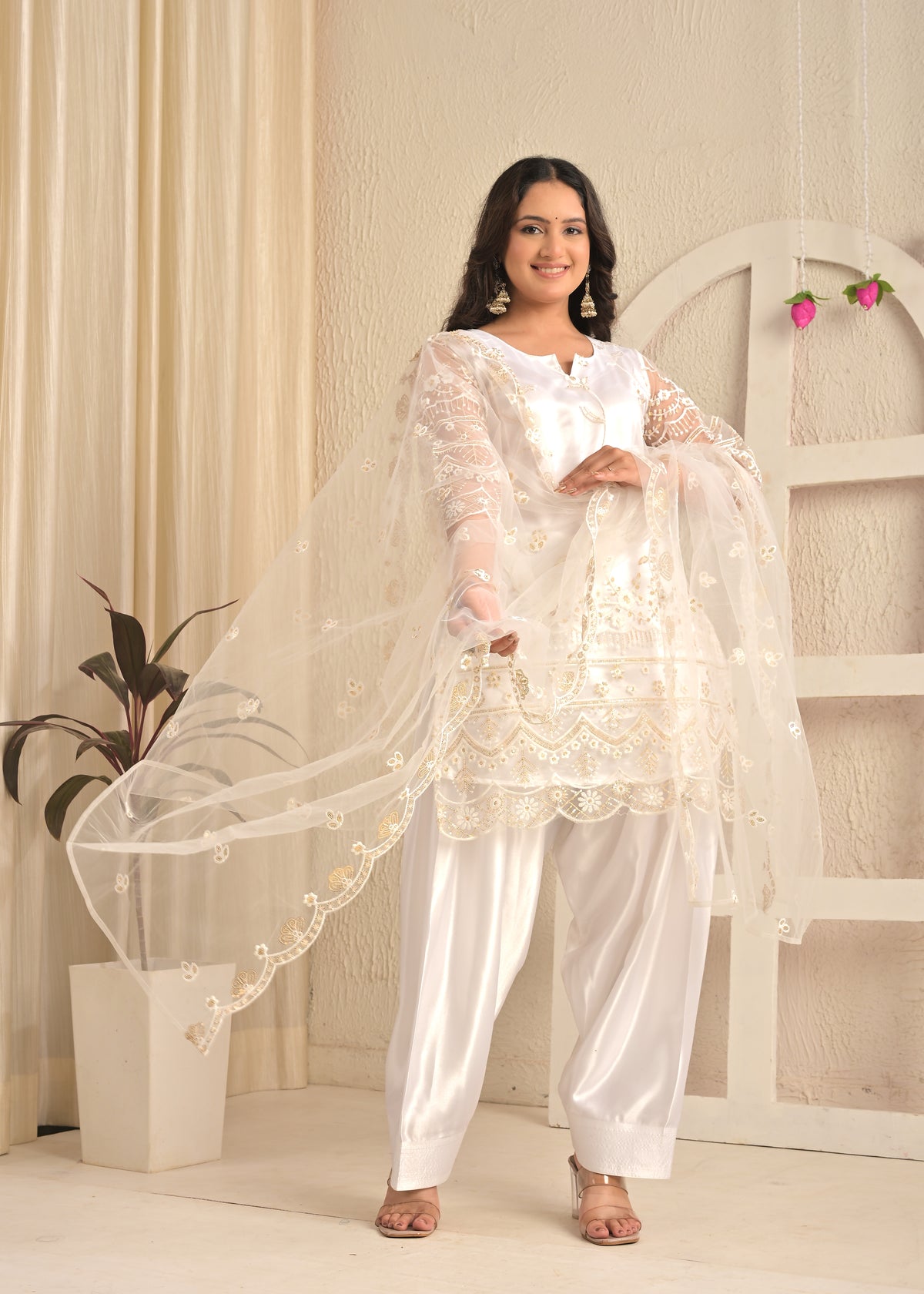 Ivory White Embroidered Suit Set with Farsi Salwar and Sheer Dupatta