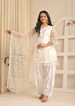 Ivory White Embroidered Suit Set with Farsi Salwar and Sheer Dupatta
