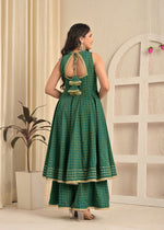 Emerald Green Printed Anarkali Sharara Set with Contrasting Pink Dupatta
