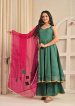 Emerald Green Printed Anarkali Sharara Set with Contrasting Pink Dupatta