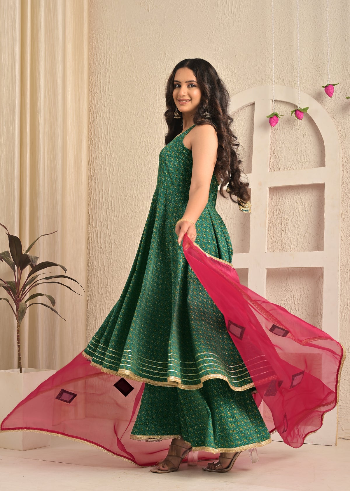 Emerald Green Printed Anarkali Sharara Set with Contrasting Pink Dupatta