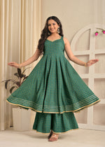 Emerald Green Printed Anarkali Sharara Set with Contrasting Pink Dupatta