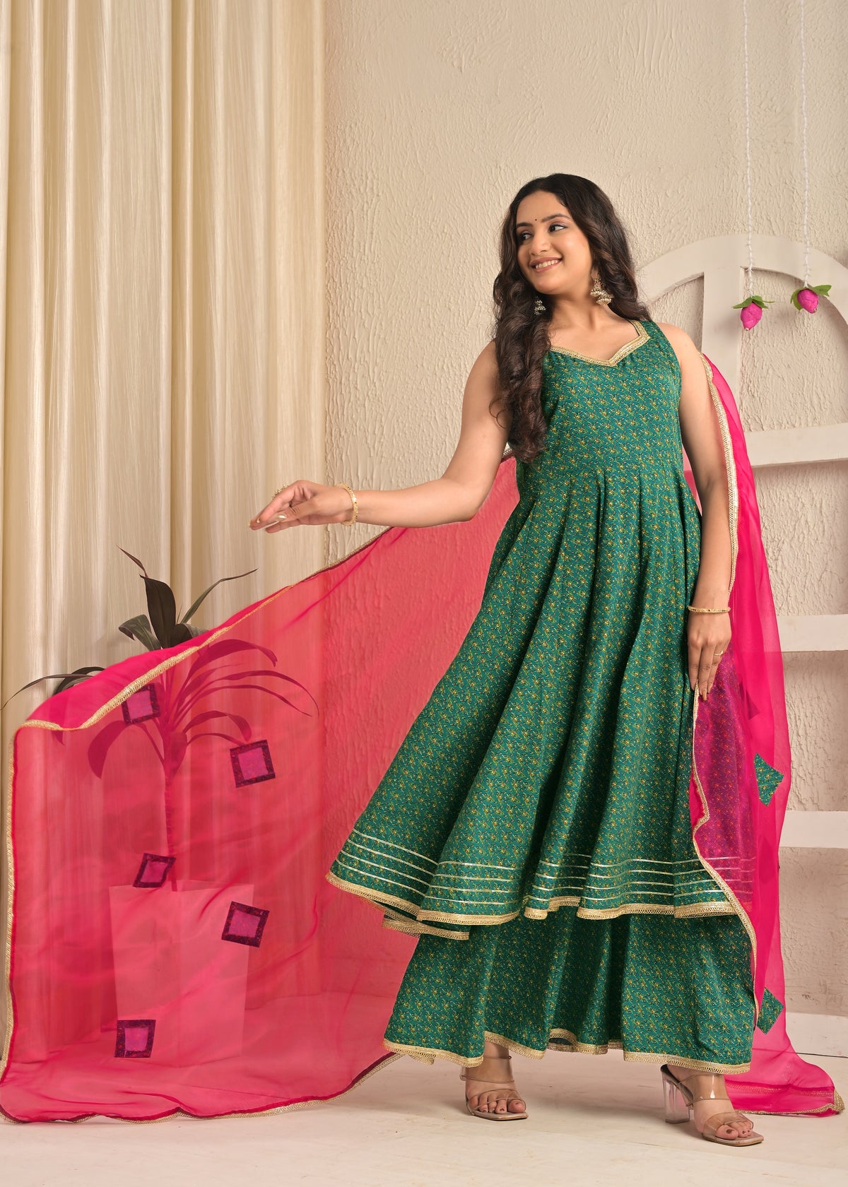Emerald Green Printed Anarkali Sharara Set with Contrasting Pink Dupatta