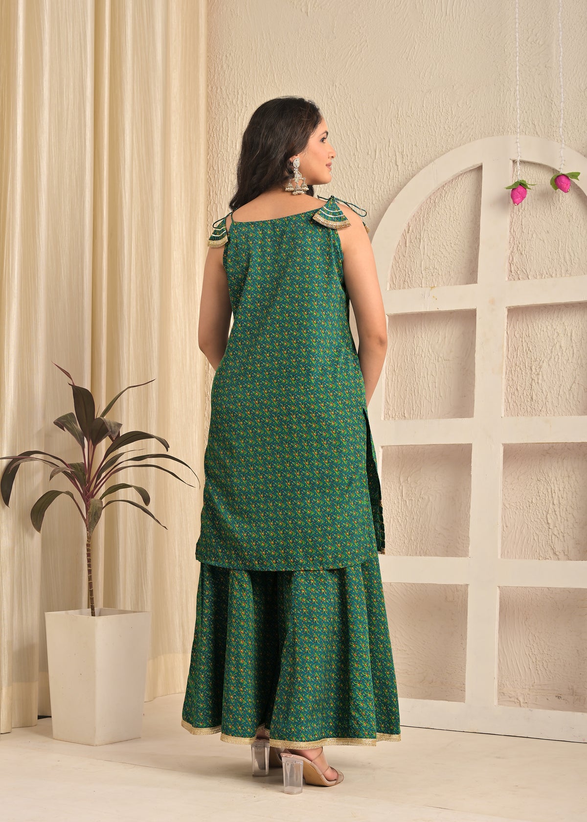 Rama Green Printed Kurta Sharara Set with Contrasting Pink Dupatta