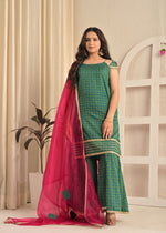 Rama Green Printed Kurta Sharara Set with Contrasting Pink Dupatta