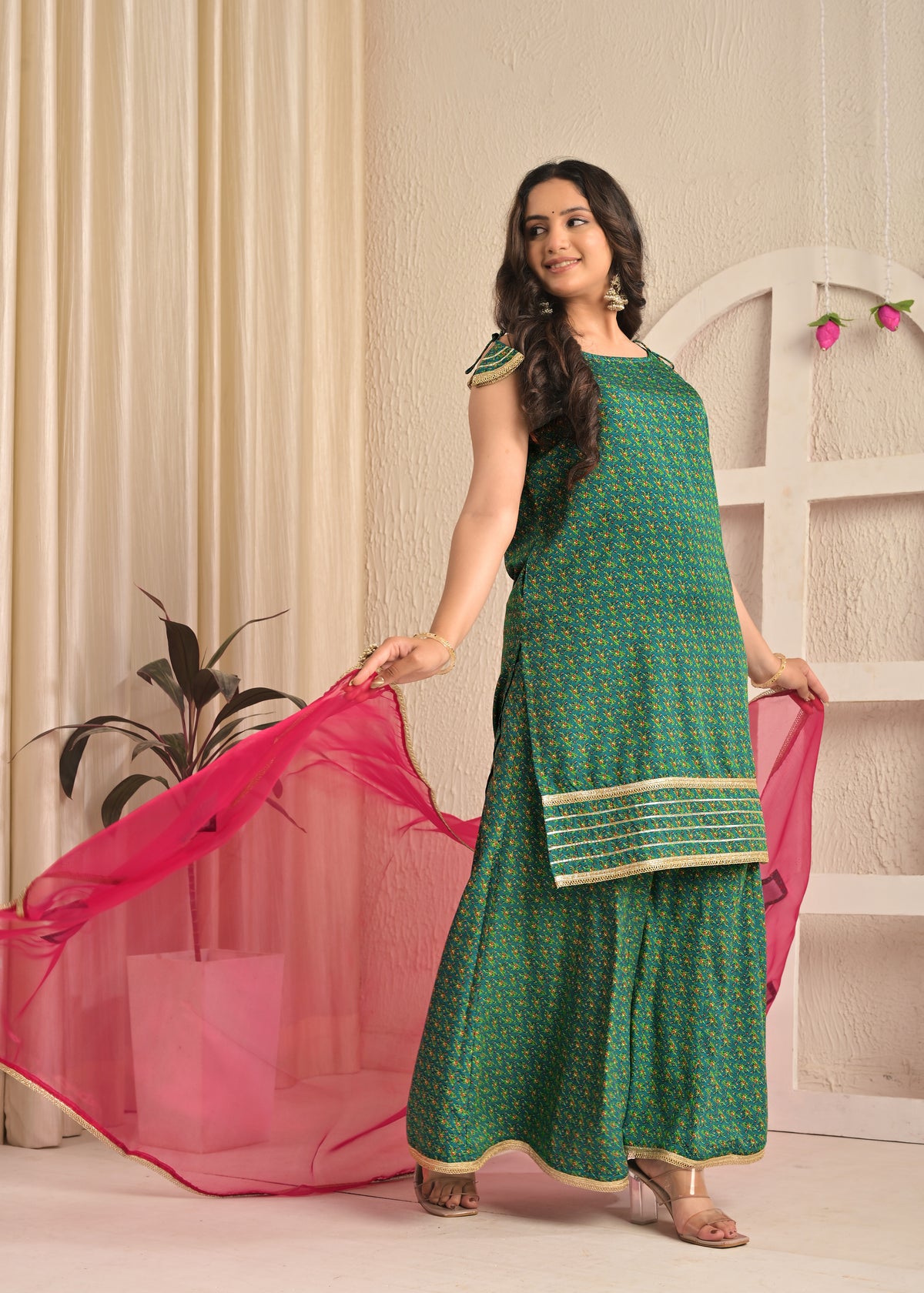 Rama Green Printed Kurta Sharara Set with Contrasting Pink Dupatta