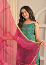 Rama Green Printed Kurta Sharara Set with Contrasting Pink Dupatta
