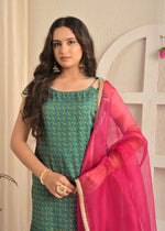 Rama Green Printed Kurta Sharara Set with Contrasting Pink Dupatta