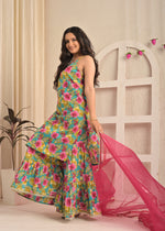 Turquoise Floral Cotton Kurta Sharara Set with Pink Dupatta