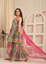 Aqua Bloom Cotton Anarkali Sharara Set with Pink Dupatta
