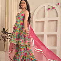 Aqua Bloom Cotton Anarkali Sharara Set with Pink Dupatta