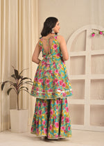 Aqua Bloom Cotton Anarkali Sharara Set with Pink Dupatta