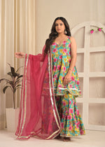 Aqua Bloom Cotton Anarkali Sharara Set with Pink Dupatta