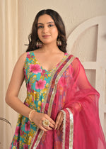 Aqua Bloom Cotton Anarkali Sharara Set with Pink Dupatta