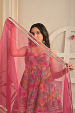 Aqua Bloom Cotton Anarkali Sharara Set with Pink Dupatta