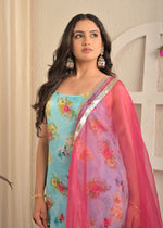 Sky Bloom Moss Crepe Printed Sharara Set with Pink Dupatta