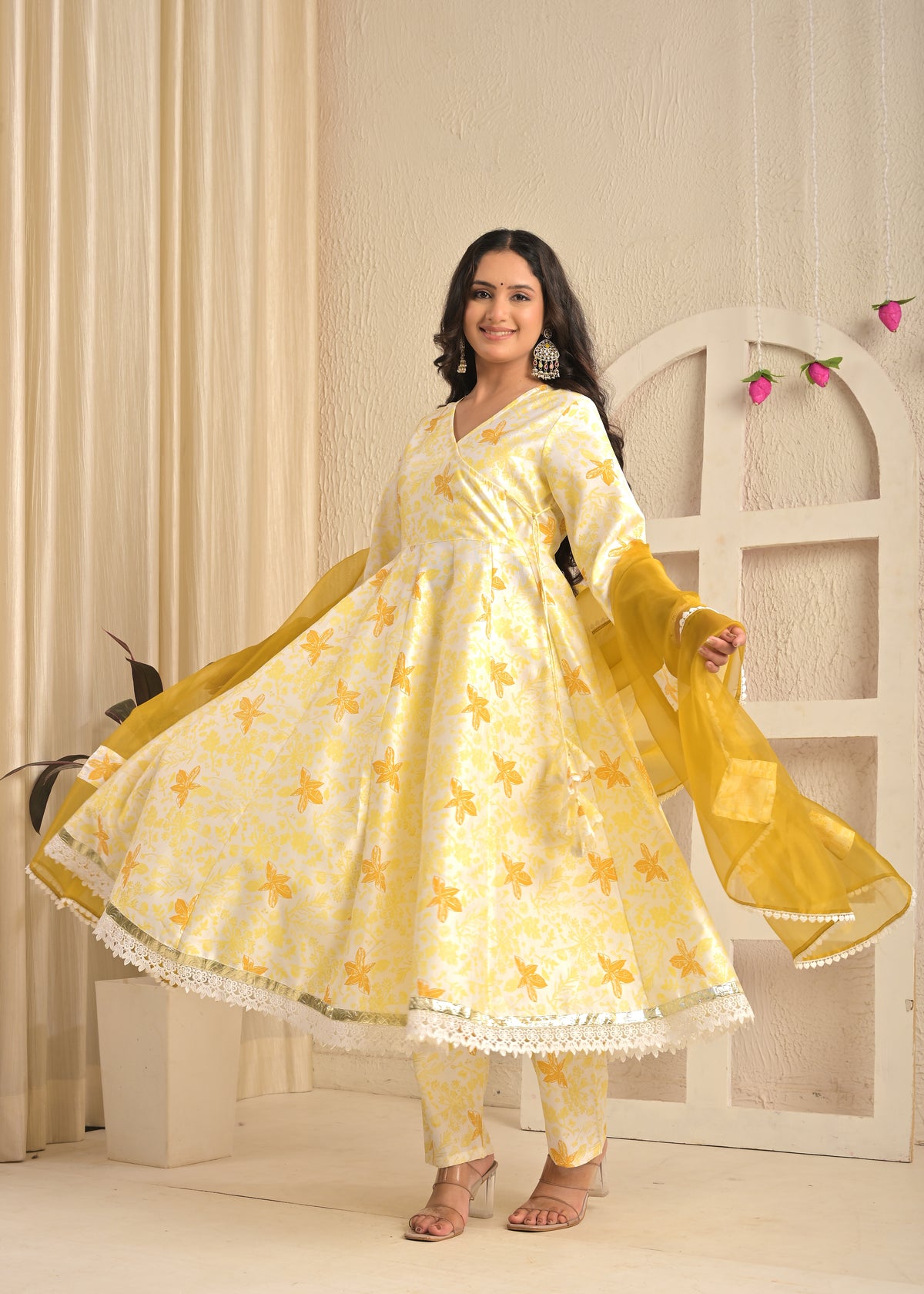 Sunlit Mustard Angrakha Printed Set with Organza Dupatta