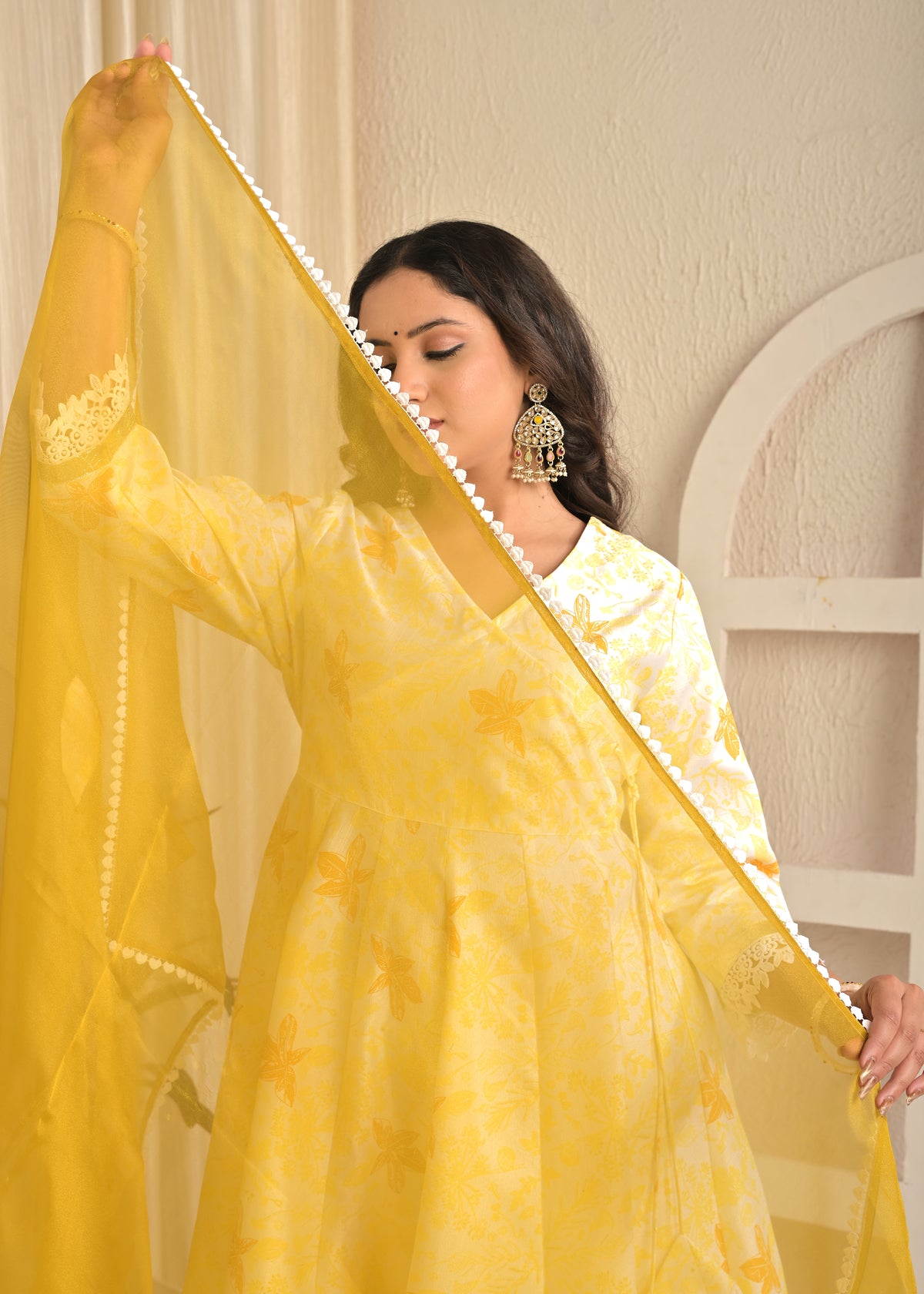 Sunlit Mustard Angrakha Printed Set with Organza Dupatta