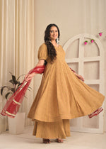 Beige Blossom Printed Anarkali Sharara Set with Red Dupatta