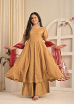 Beige Blossom Printed Anarkali Sharara Set with Red Dupatta