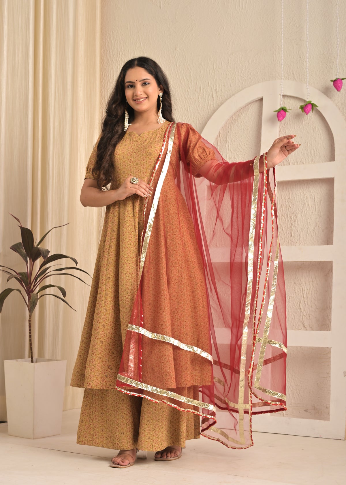 Beige Blossom Printed Anarkali Sharara Set with Red Dupatta