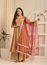 Beige Blossom Printed Anarkali Sharara Set with Red Dupatta