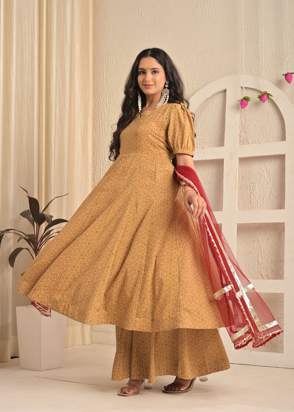 Beige Blossom Printed Anarkali Sharara Set with Red Dupatta