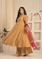 Beige Blossom Printed Anarkali Sharara Set with Red Dupatta