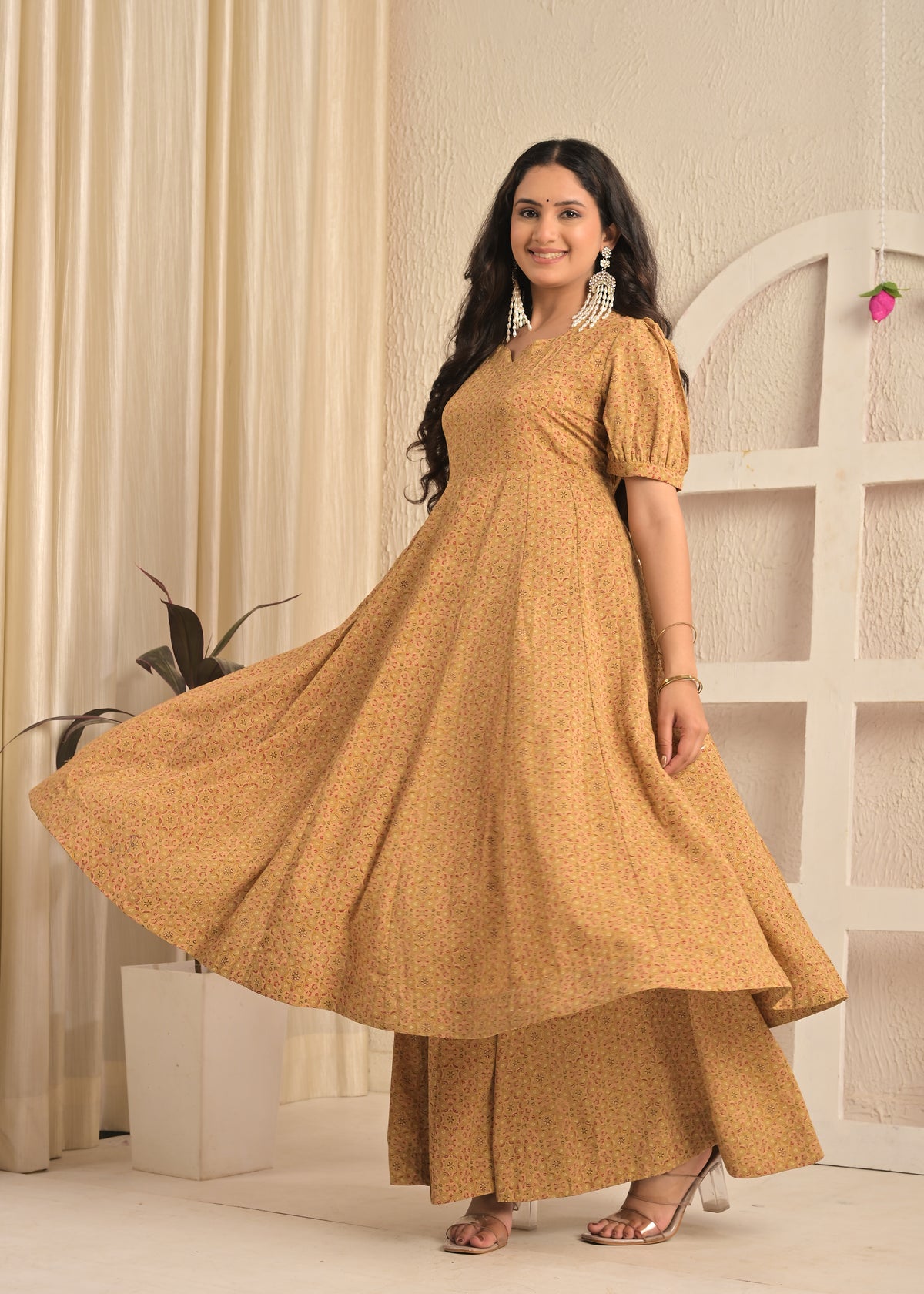 Beige Blossom Printed Anarkali Sharara Set with Red Dupatta