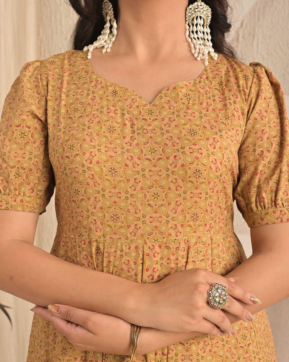 Beige Blossom Printed Anarkali Sharara Set with Red Dupatta