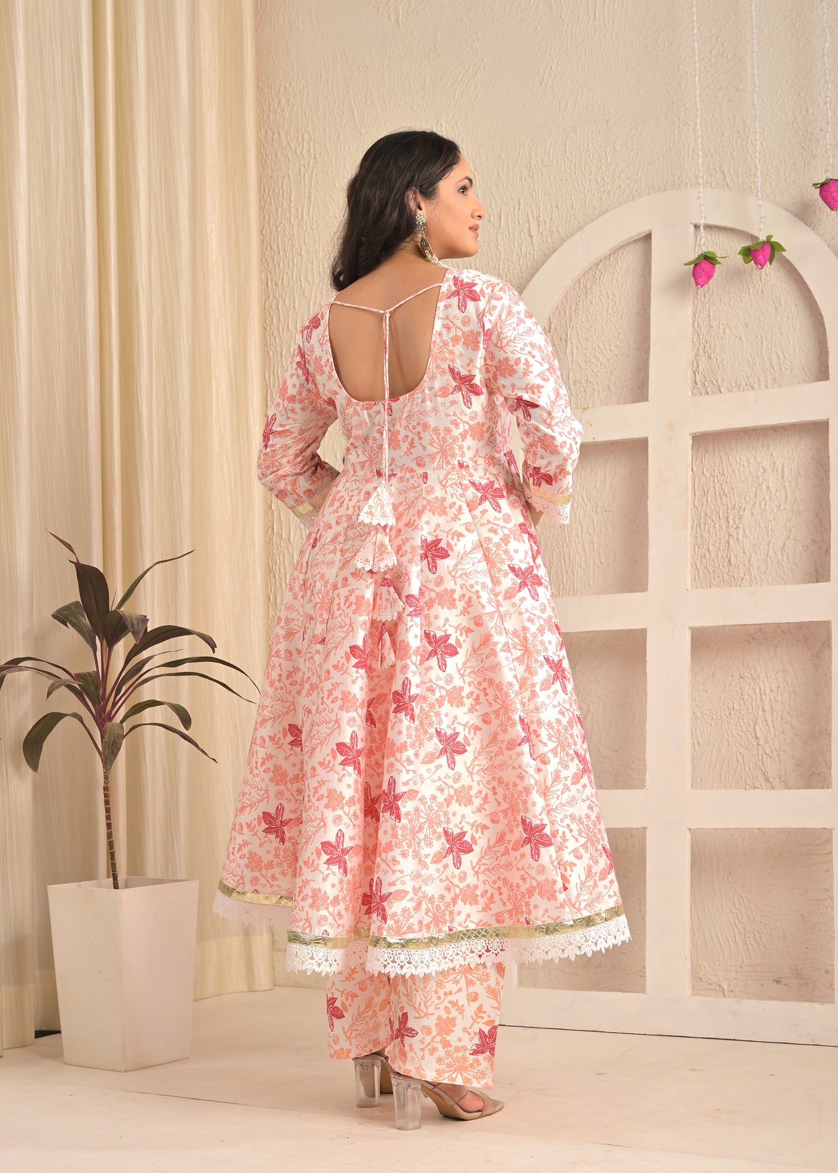 Ivory Blossom Printed Anarkali Set with Red Dupatta