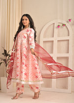 Ivory Blossom Printed Anarkali Set with Red Dupatta