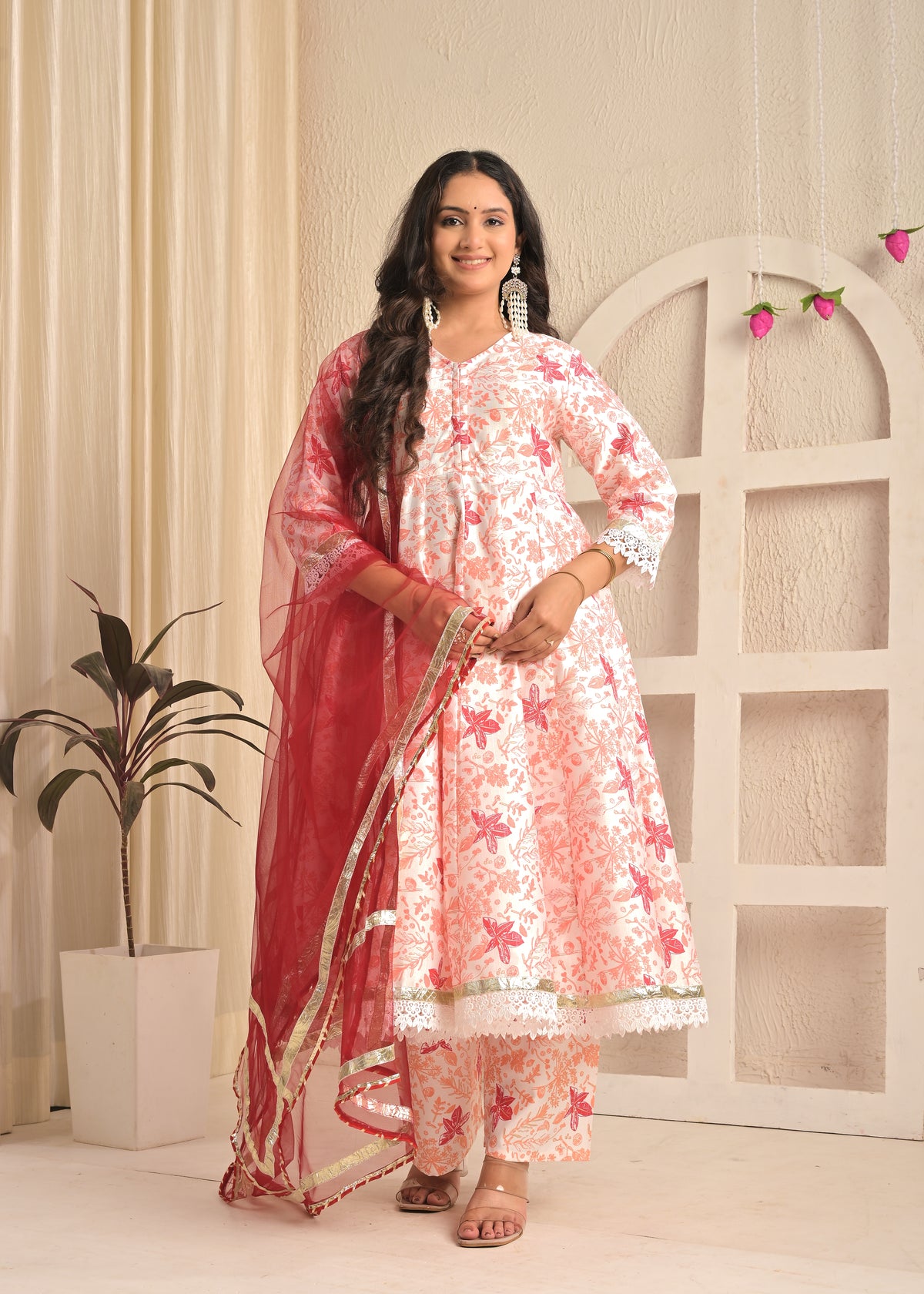 Ivory Blossom Printed Anarkali Set with Red Dupatta